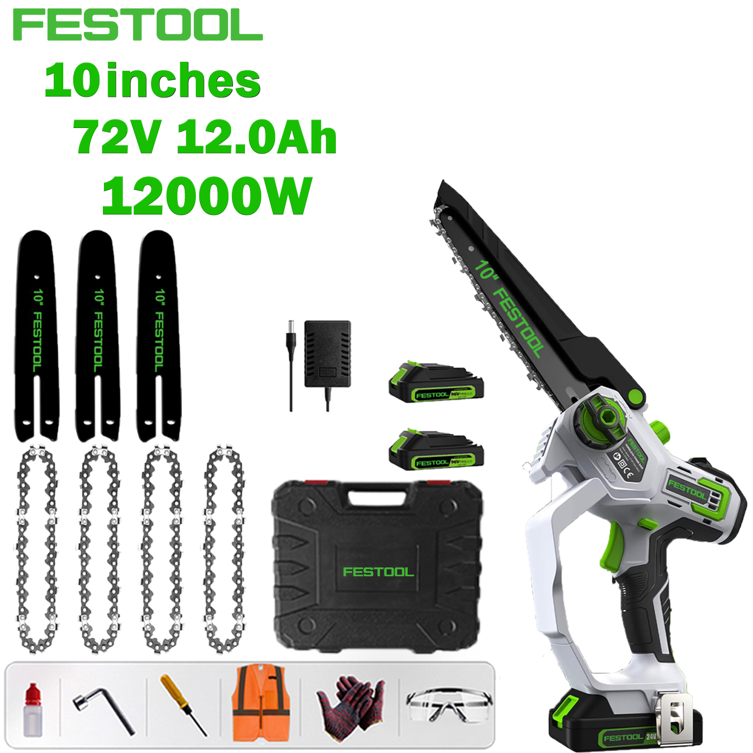 [Naujausias „Festool“ bešepetėlis ličio jonų elektrinis pjūklas] 10 colių bazinis modelis: 12000 W bešepetis variklis + 72V 12,0Ah ličio baterija * 2, vieną akumuliatorių galima naudoti 18 valandų + kreipiamieji strypai * 3 + grandinės * 4 + įrankių dėžė + seifas veikimas Papildomas krepšys (akiniai, pirštinės ir kt.) + greitas įkrovimas + 7 metų garantija