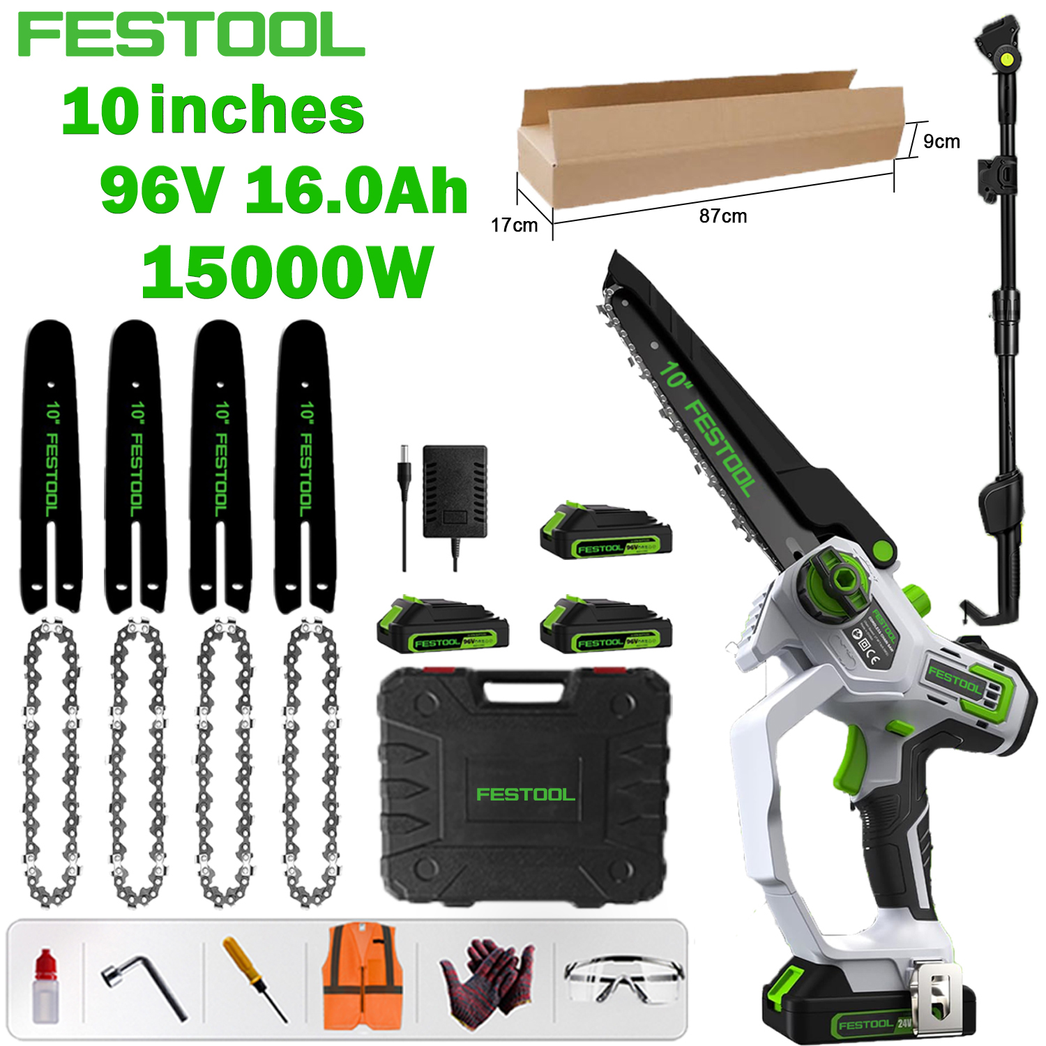 [Festool naujausias bešepetėlis ličio elektrinis pjūklas] 10 colių ilgintuvo stulpo modelis: 15000W bešepetis variklis + 96V 16,0Ah ličio baterija * 3, viena baterija gali būti naudojama 24 valandas + kreipiamasis strypas * 4 + grandinė * 4 + įrankių dėžė + saugos darbai dovanų maišelis (akiniai, pirštinės ir kt.) + greito įkrovimo įkroviklis + 10 metų garantija + 1,5 m-4,5 m teleskopinis ilgintuvas